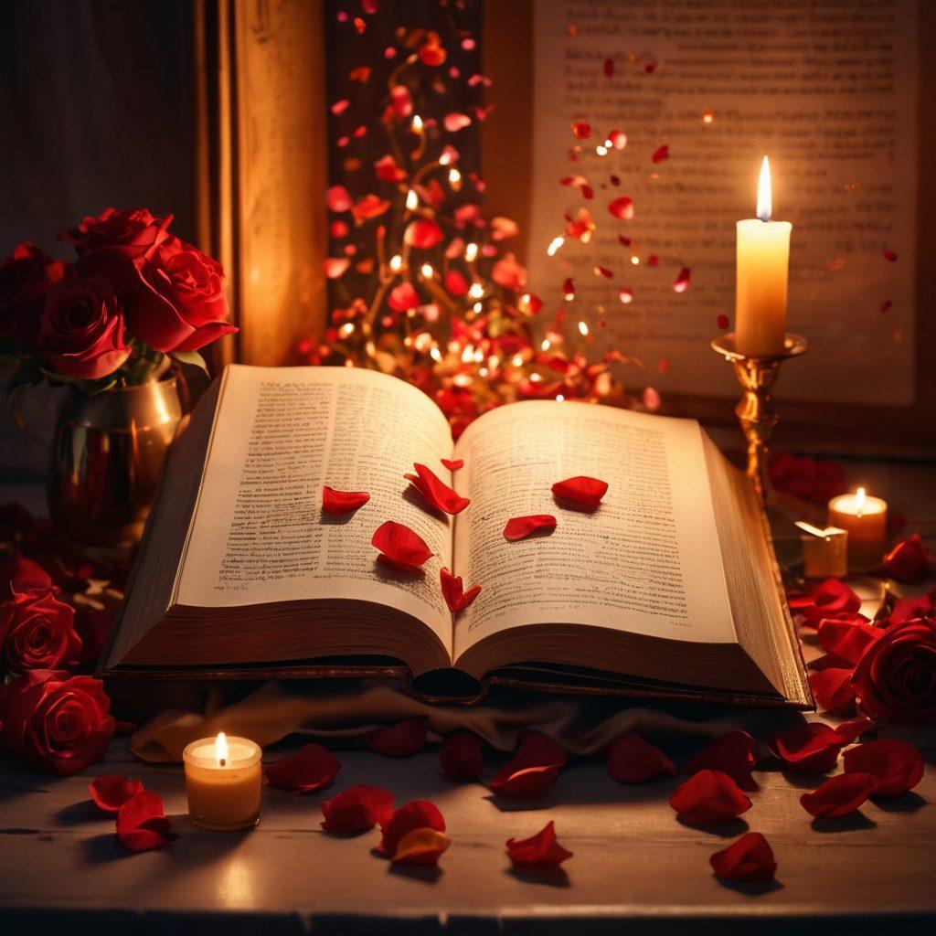 A mesmerizing scene featuring an open book with alluring illustrations, surrounded by soft candlelight and delicate rose petals. The background hints at a sensual atmosphere with silhouettes of entwined figures. Incorporate warm hues of red and gold to evoke passion and desire, while maintaining an air of elegance. super-realistic. vibrant colors. soft lighting.