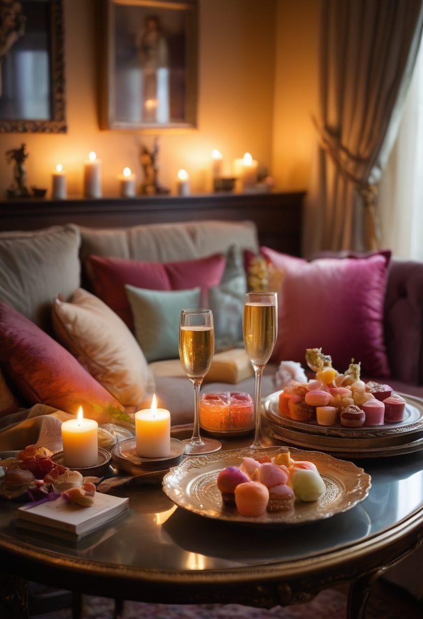 A whimsical setting featuring a cozy, dimly lit room adorned with luxurious fabrics, plush cushions, and flickering candles. In the foreground, a beautifully arranged table with an array of enticing treats and a glass of sparkling wine, symbolizing indulgence. Soft shadows create a mysterious yet inviting atmosphere. Subtle hints of playful adult-themed elements like fantasy books and elegant decor. vibrant colors. soft focus.
