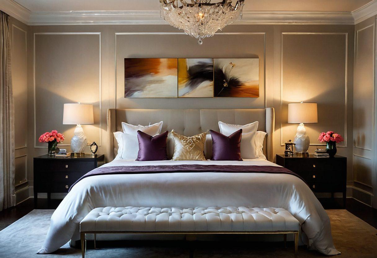 A tantalizing scene featuring a softly lit room filled with luxurious textures, showcasing an elegant, plush bed draped in sumptuous silk sheets. The walls are adorned with tasteful art that hints at playful seduction, including subtle silhouettes and abstract shapes. A collection of playful accessories, such as feathered masks and silk ties, is artfully arranged on a chic bedside table, inviting curiosity. The atmosphere is warm and inviting, with flickering candles casting a soft glow. super-realistic. vibrant colors. intimate setting.